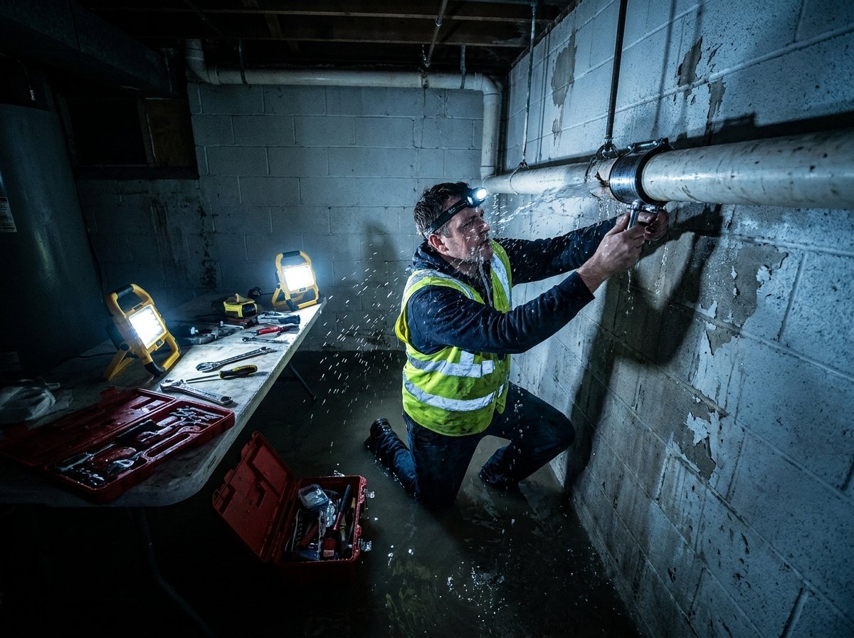 Plombier réparant une rupture de canalisation en urgence