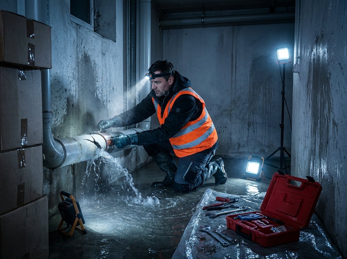 Plombier en intervention d'urgence sur une rupture de canalisation