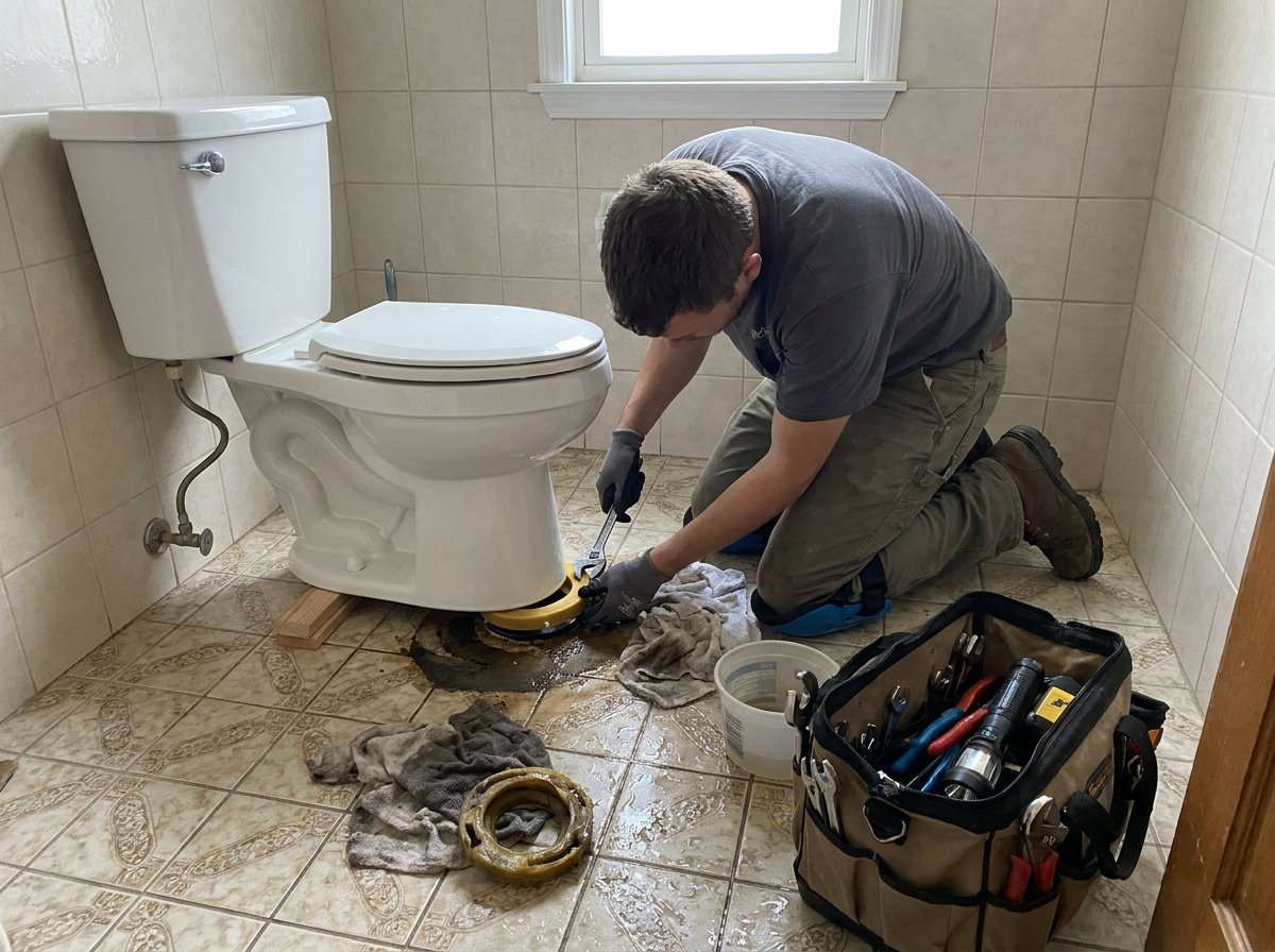 Plombier réparant une fuite de toilette