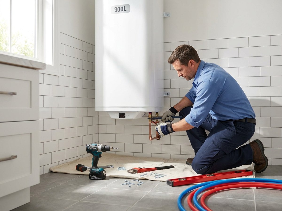 Technicien installant un chauffe-eau