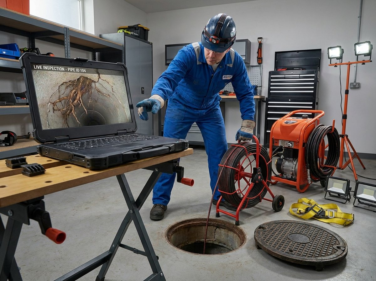 Technicien inspectant les égouts avec une caméra
