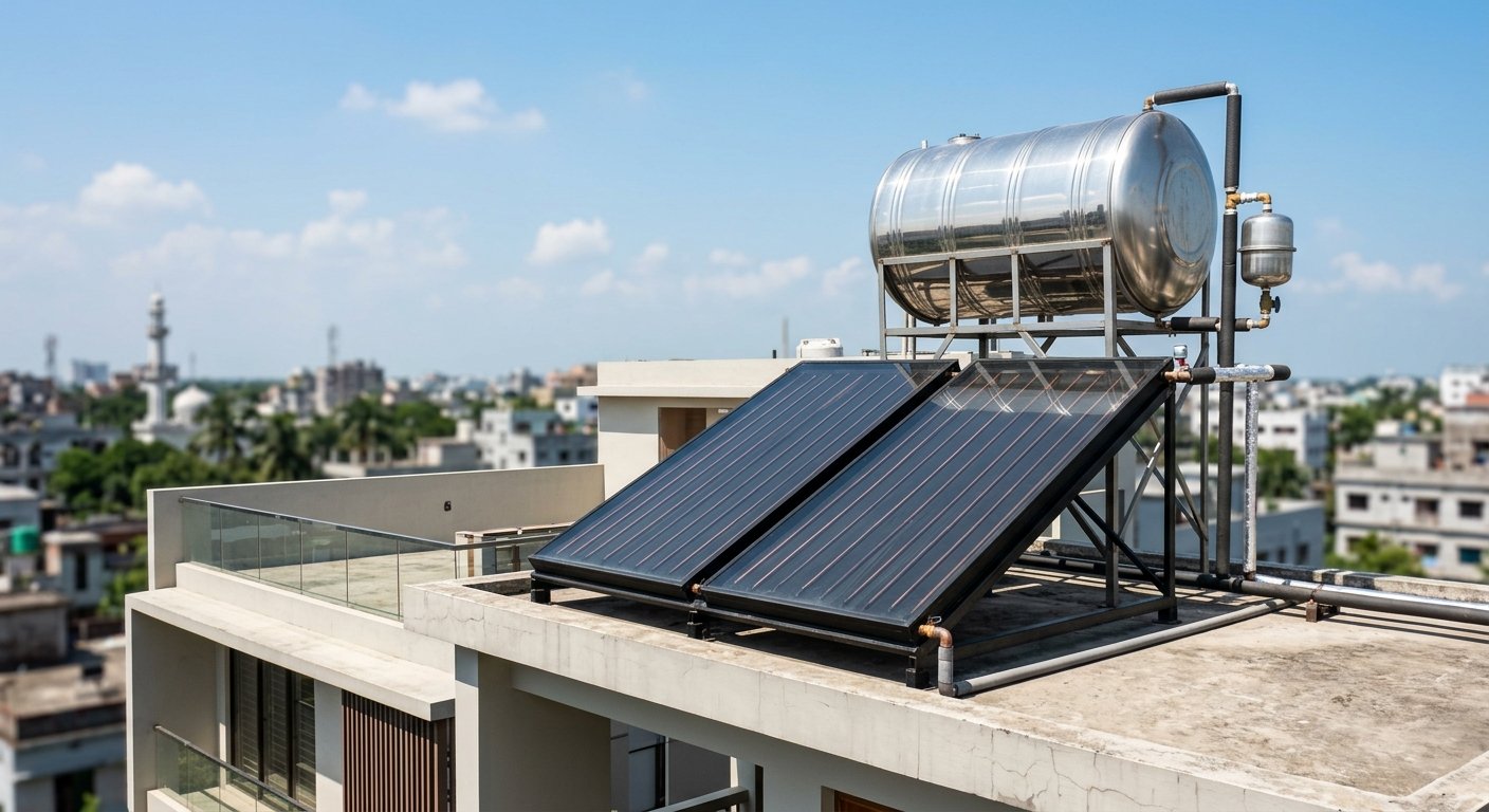 Capteurs solaires thermiques installés sur la toiture d'une maison